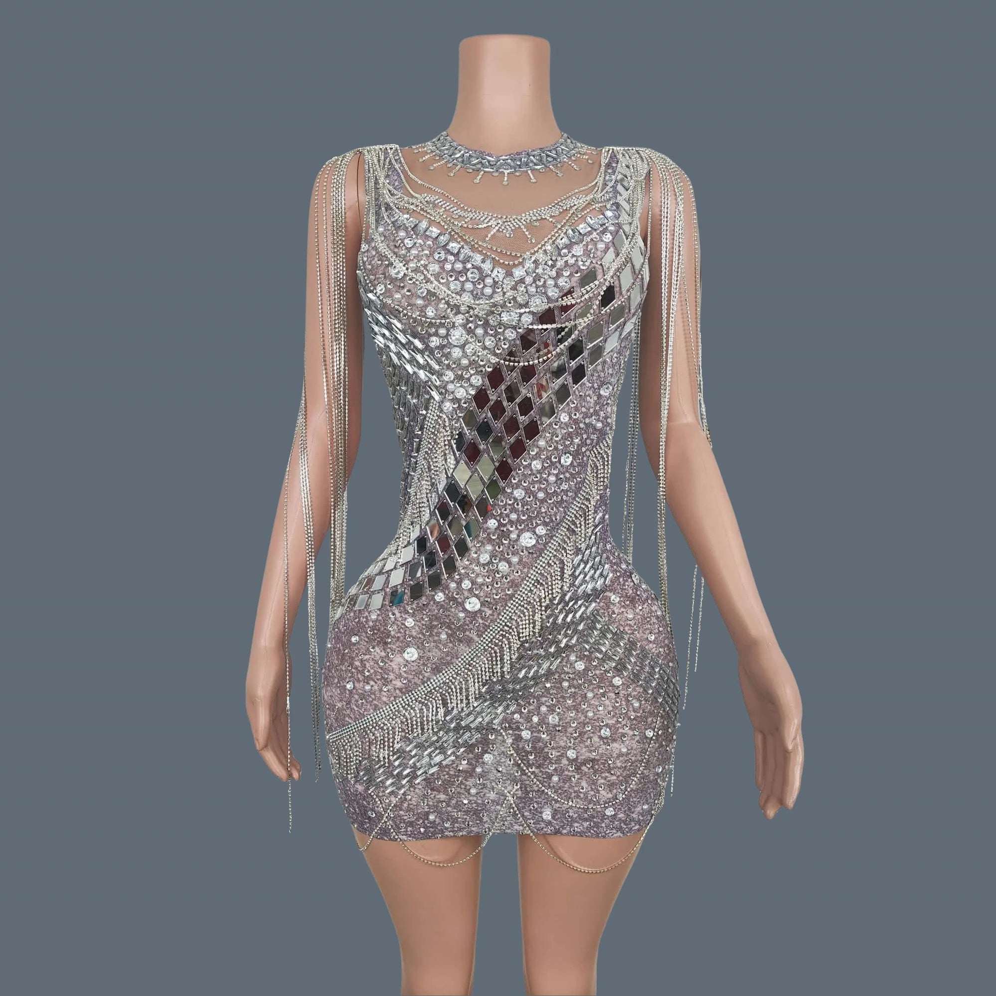 Luxury Elegant See Through Mesh Dress Sexy Silver Tassel Gala Evening Dress Women Crystals High-end Tight Fitting Dress Longlin Silver