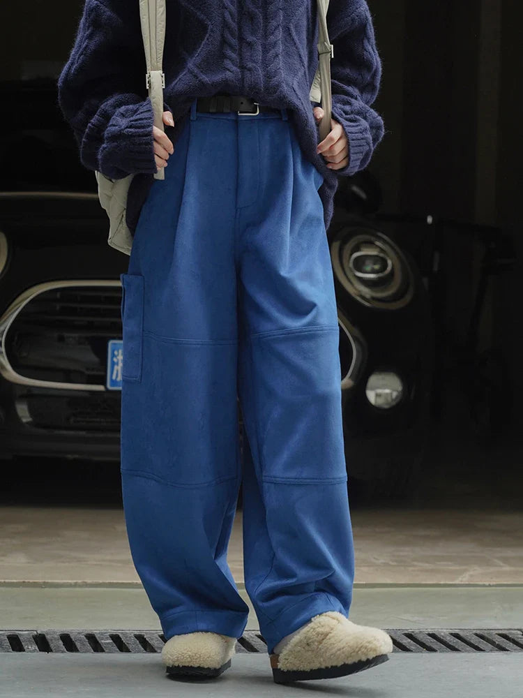 [LANMREM] Streetwear High Waist Wide Leg Pants For Women Big Pockets Design Trousers Female Fashion Trousers Spring New Blue