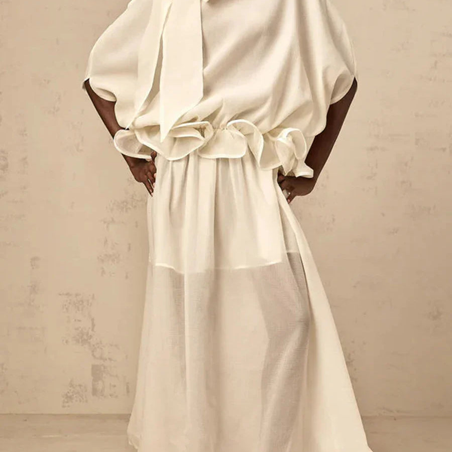 Solid Loose Spliced Bow Tunic Dresses for Women Half High Neck Short Sleeves Patchwork Ruffles Dress Female Clothes WHITE