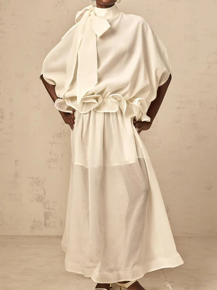 Solid Loose Spliced Bow Tunic Dresses for Women Half High Neck Short Sleeves Patchwork Ruffles Dress Female Clothes WHITE