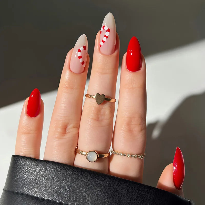 Glossy Red French Fake Nails 24Pcs Almond Press On Nails Xmas Hat Designs Full Cover Acrylic False Nails Patches DIY Manicure Y3