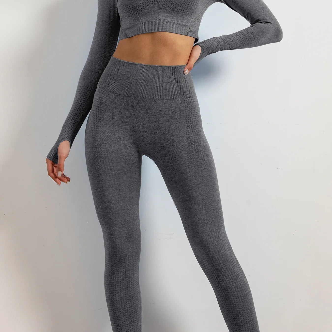 Set of 2 Women's Seamless Yoga Suit with Thumb Holes Long Sleeve Tops Gym Wear Fitness Workout Yoga Wear Leggings Long Pants DARK GRAY
