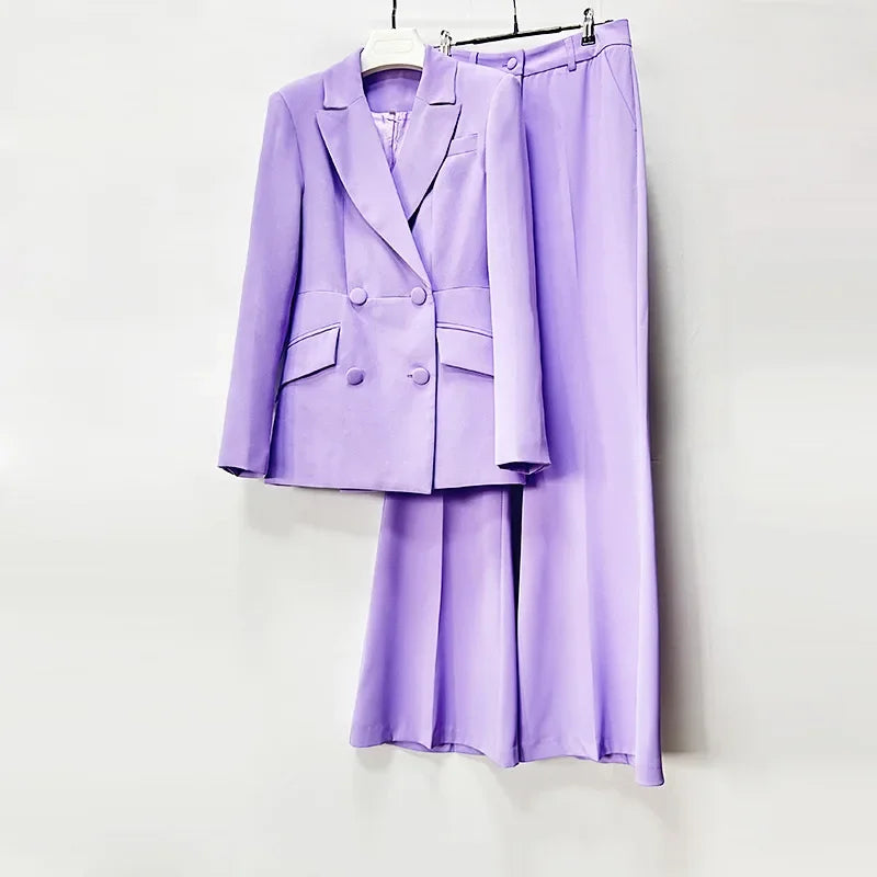 Solid Two Piece Sets for Women Notched Collar Long Sleeve Spliced Double Breasted Blazer High Waist Pant Set Female