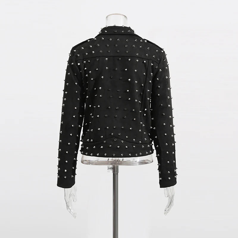 Solid Spliced Zippers Casual Jackets for Women Lapel Lomg Sleeves Patchwork Rivets Luxurious Jacket Femlae Fashion