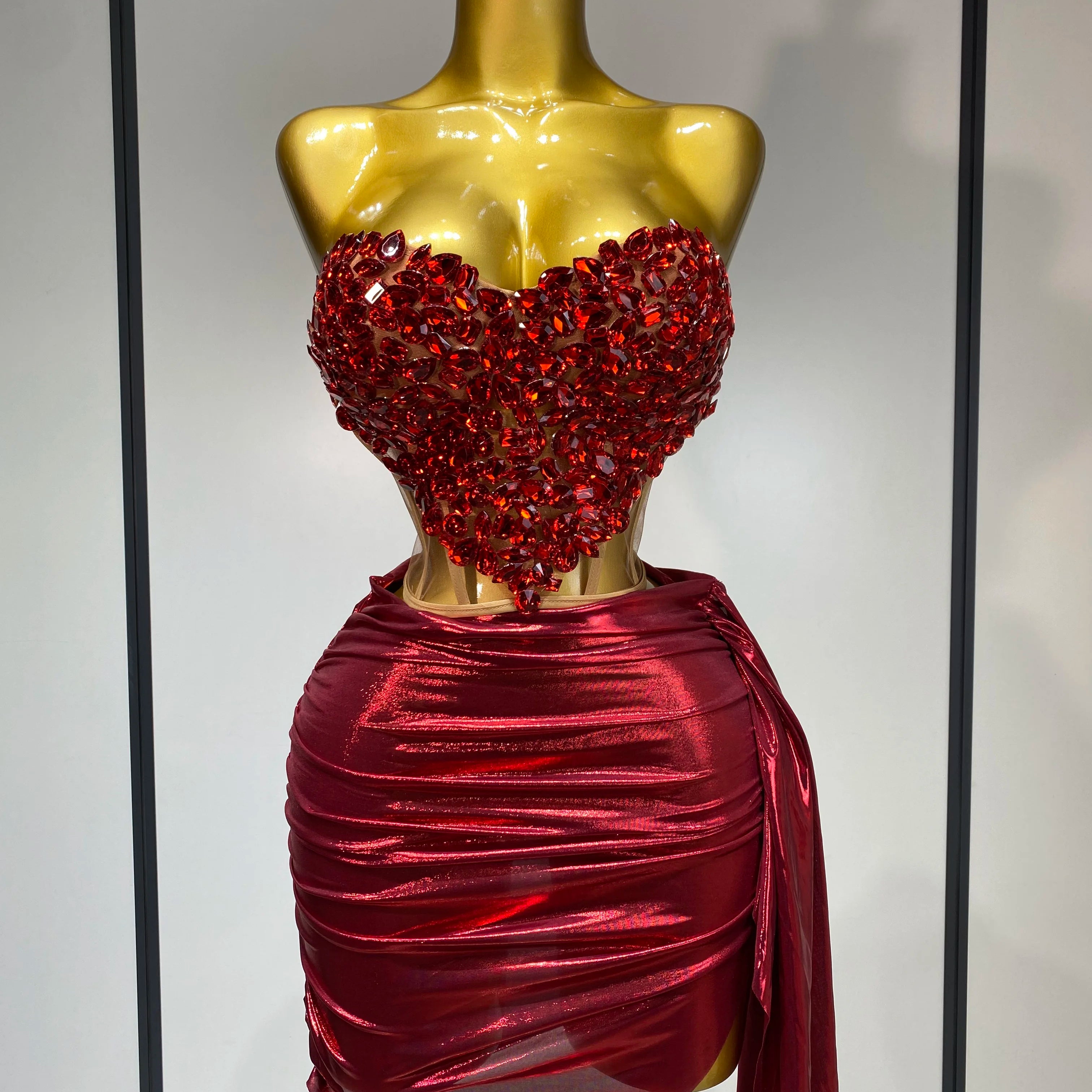 Sparkly Red Diamond Sexy Top Two Pieces Set Women Celebrate Party Luxury Birthday Nightclub Performance Dancer Stage Outfit Red