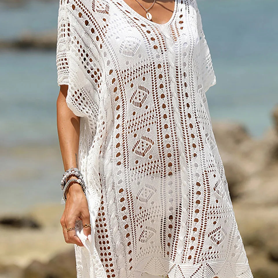 Sexy Knitted Hollow Out Beach Cover Up Midi Dress for Women Solid Sheer Mesh Tunic Ladies Outfits 2023 Summer Bikini Cover-ups