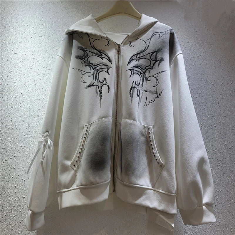 Autumn Winter New Fashion High Street Pin Graffiti Hooded Sweatshirt For Women Y2K Sweet Cool Cardigan Female 11A07705 White One Size