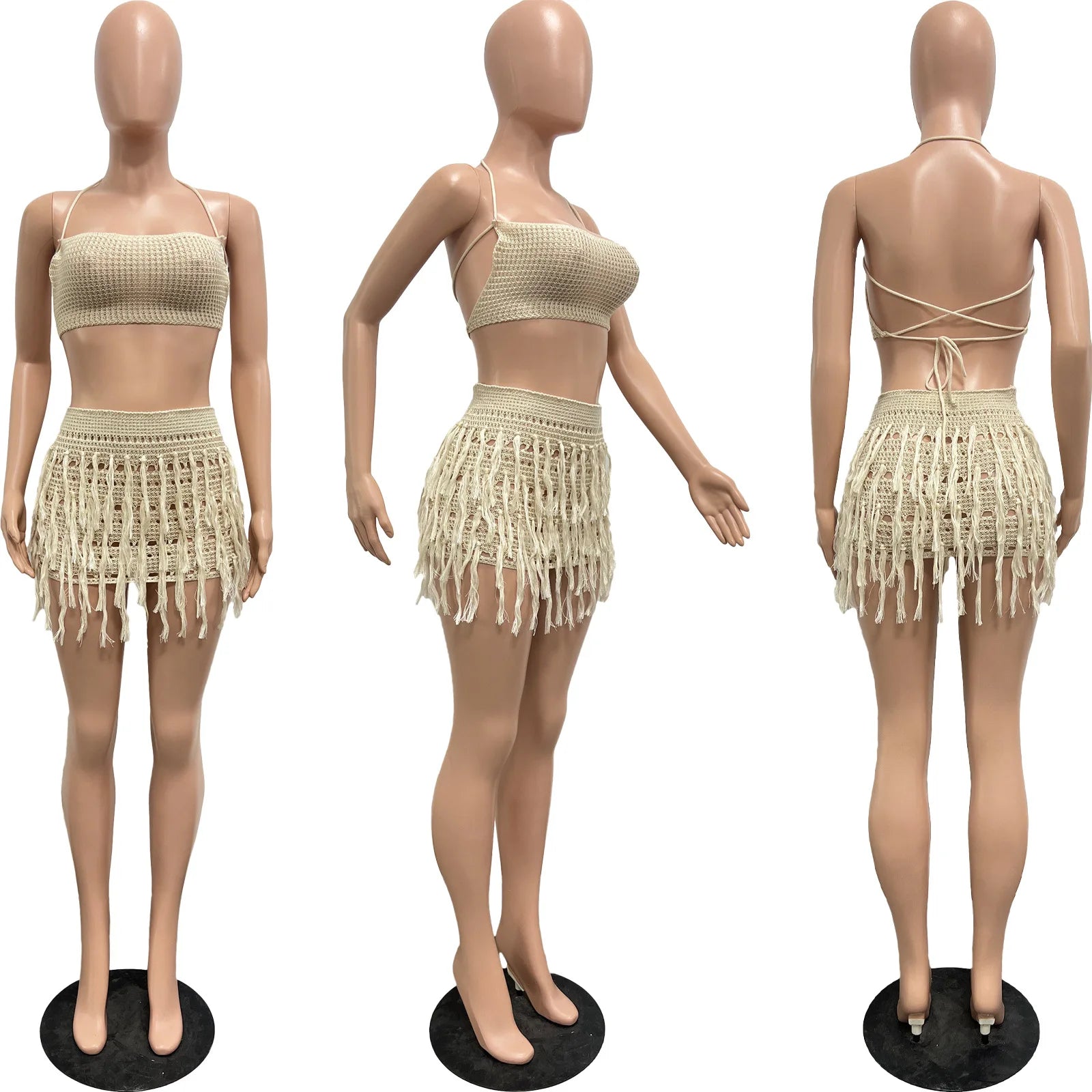 Beach Holiday Knit Crochet Tassel Women Two 2 Piece Set Outfits Bra Top and Mini Skirt Suit 2024 INS Street Dress Set Apricot
