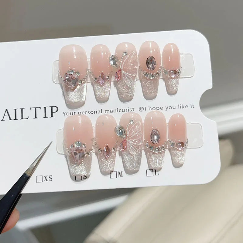 Press on Fake Nails Mid-length Glitter Ballet French False Nails with Glue Cat Eye Nails with Butterfly Designs Nail Full Cover 3 S
