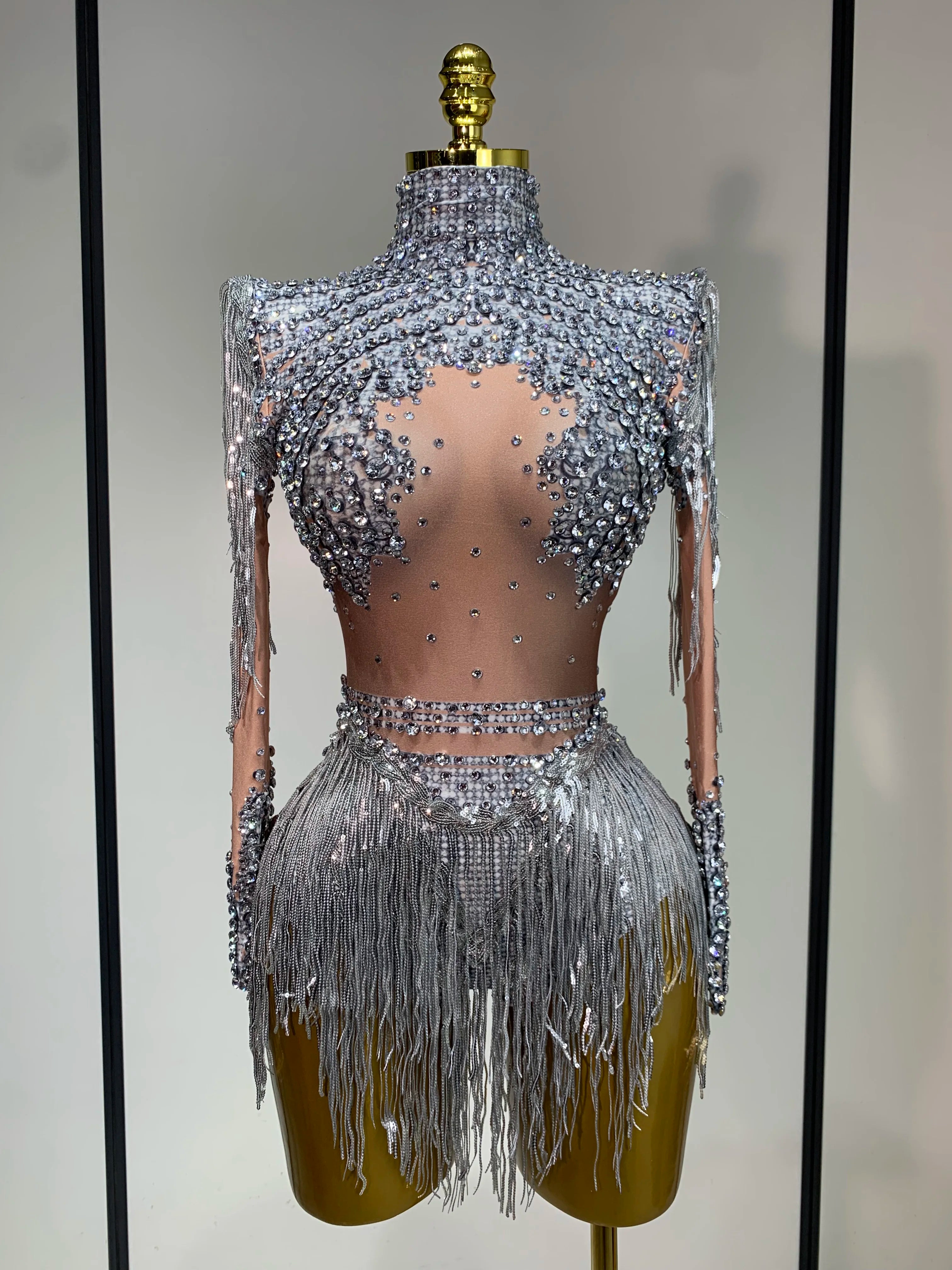 Women Long Sleeve Sexy Stretch Bodycon Shinning Tassels Rhinestones Bodysuit Celebrate Birthday Club Evening Party Stage Outfit Silver