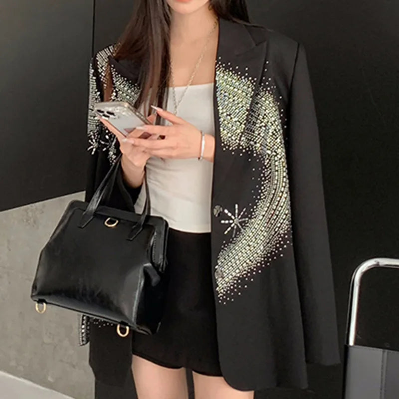 Solid Loose Spliced Hot Fix Elegant Jackets for Women Lapel Long Sleeves Patchwork Button Jacket Female Fashion New