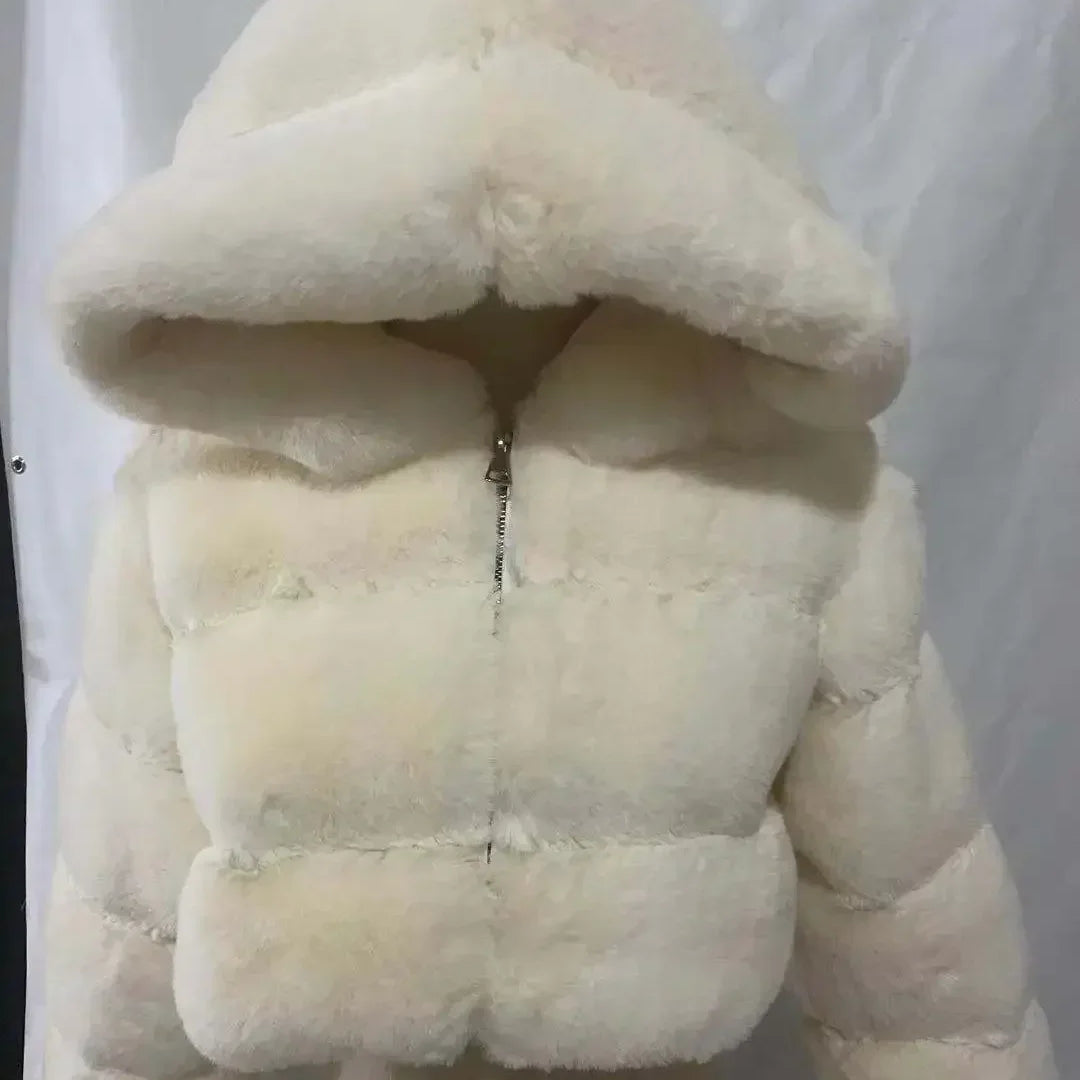 Winter Hooded Fluffy Jacket Women Faux Fur Coat Cropped Jacket Puffer Jacket Zip Up Winter Warm Fuzzy Teddy Coats Tops Outwear White