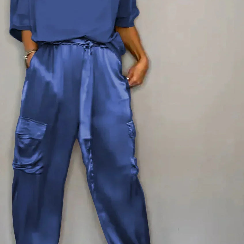 Summer Fashion Solid Satin Two Piece Set Women Round Neck Long Sleeved Top Long Pants Casual Loose Two Piece Set Women Blue
