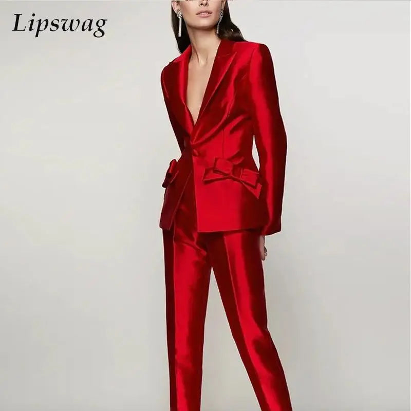 Women Casual Long Sleeve Suit And Pencil Pants Suits Solid Fashion Bright Fabric Sets Office Lady Elegant Bowknot Blazer Outfits