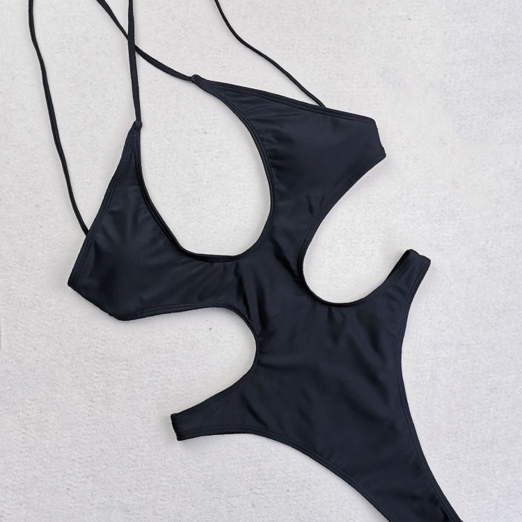 Sexy Solid Hollow Out One Piece Swimsuit Black