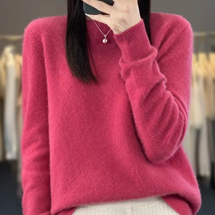 Women 100% Pure Merino Wool Knitted Sweater Autumn Winter Fashion O-Neck Top Cashmere Warm Pullover Seamless Jumper Clothes Raspberry Red
