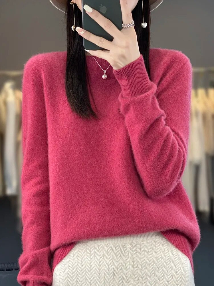 Women 100% Pure Merino Wool Knitted Sweater Autumn Winter Fashion O-Neck Top Cashmere Warm Pullover Seamless Jumper Clothes Raspberry Red
