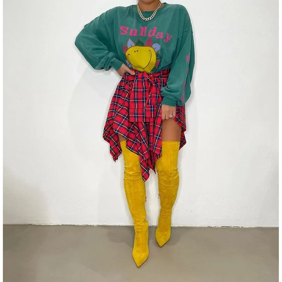 CM.YAYA Women Plaid Irregular High Waist Knee Length Skirts 2022 Summer Holiday Streetwear Sleeve Wrapped Lace Up Waist Skirt