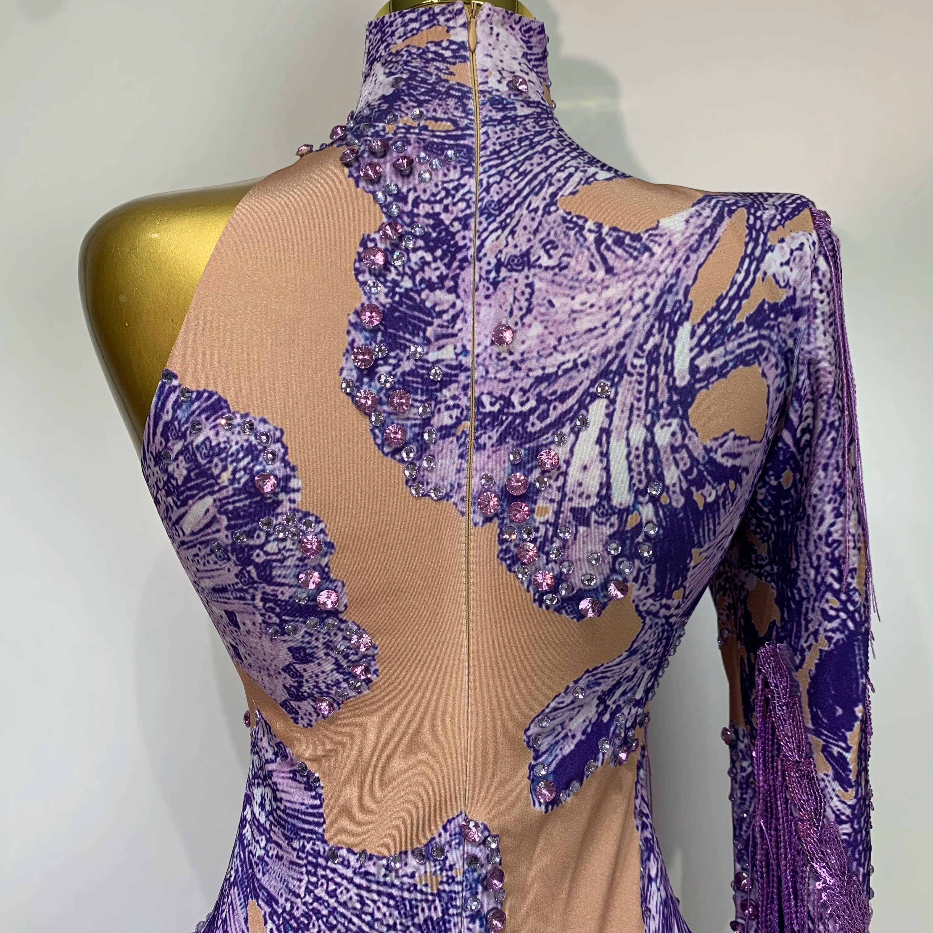 Sexy Sparkly Purple Rhinestones Tassel One Shoulder Sleeve Mini Dress Evening Party Birthday Nightclub Stage Performance Outfit