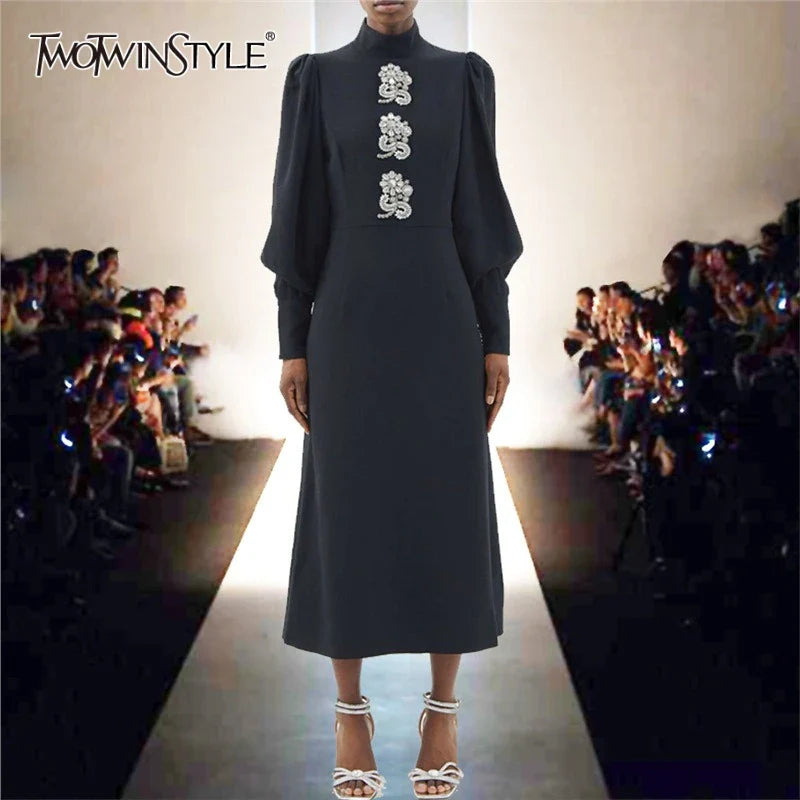 Solid Slimming Spliced Bead Dresses for Women High Neck Lantern Sleeves Temperament Long Dress Female Clothing New