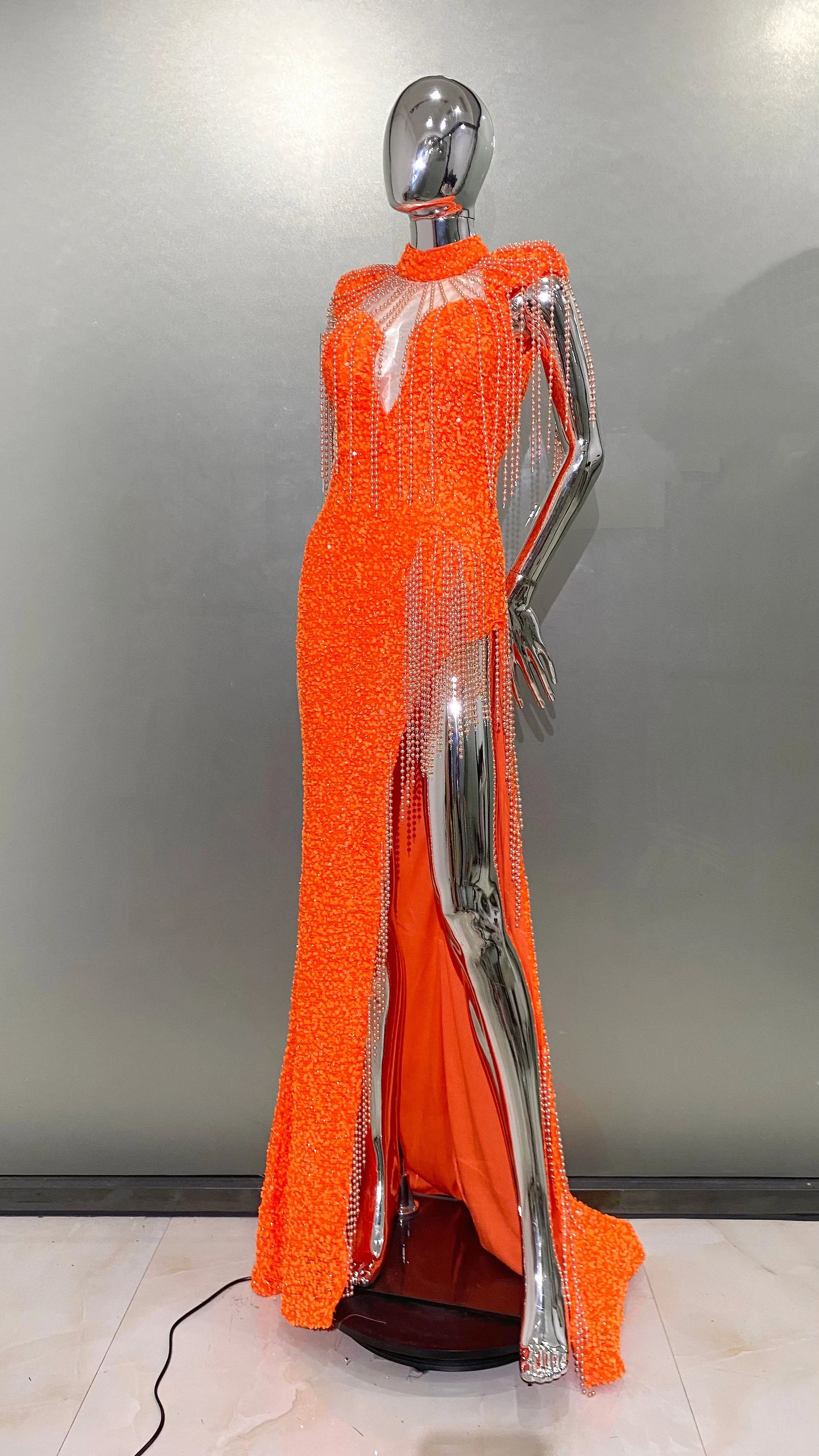 Women Luxury Sexy Short Sleeve Mesh Sequins Orange Maxi Long Dress 2024 Elegant Party Evening Stage Performance Dress Vestido Orange