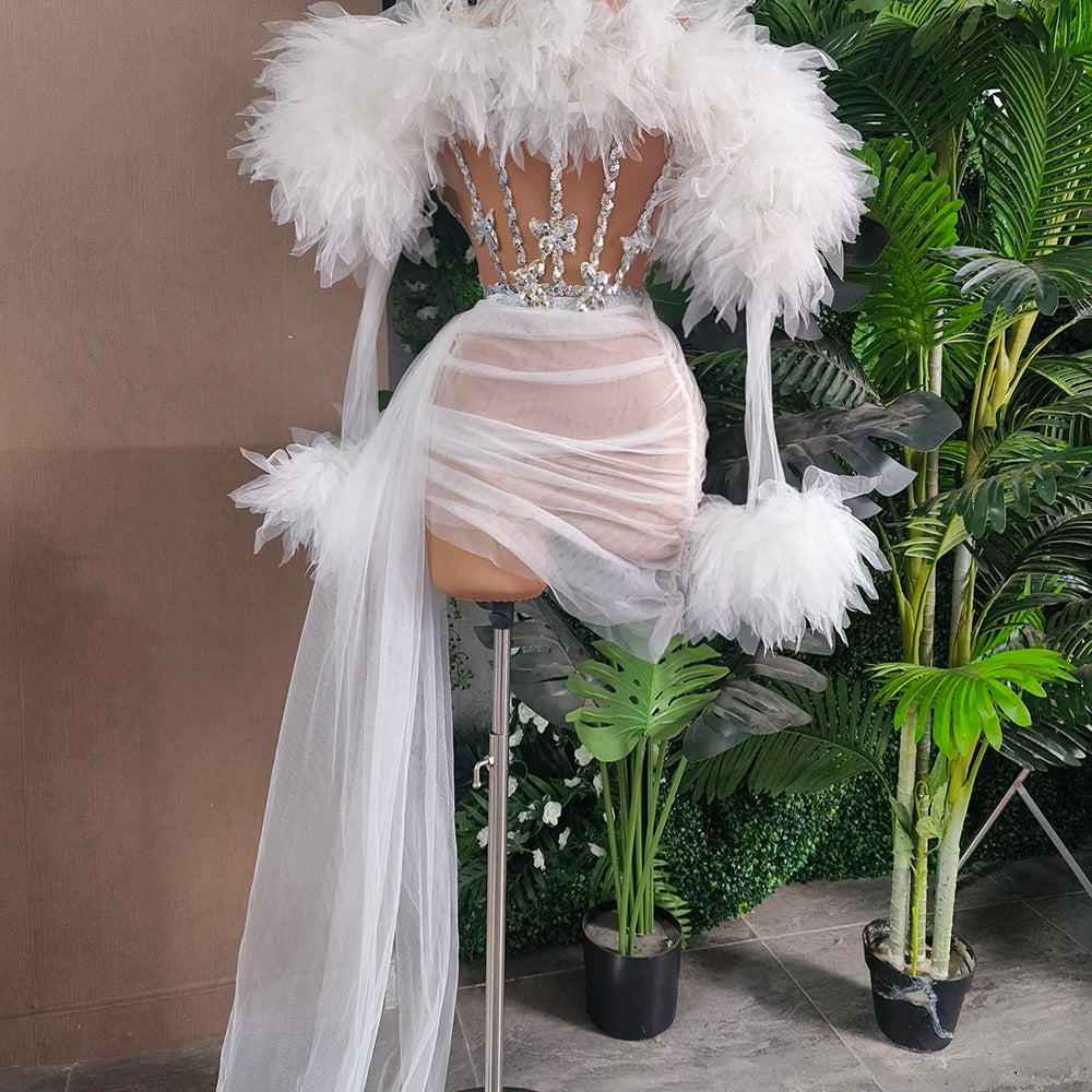 White Purple Women Sexy Strapless Mesh Ruffles 2 Pieces Bodycon Mini Dress See Through Celebrate Nightclub Party Birthday Wear WHITE