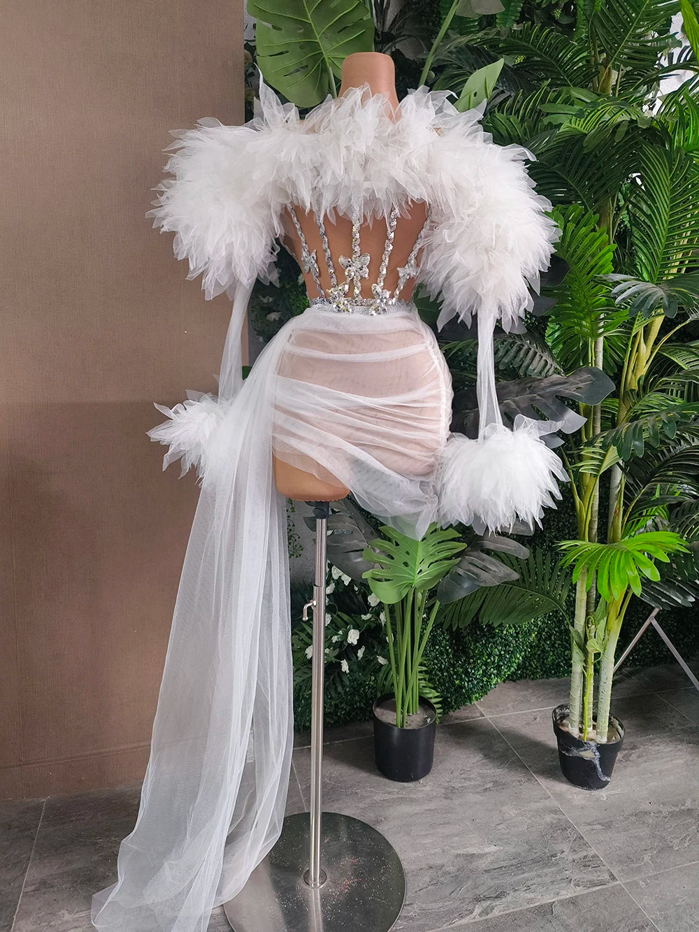 White Purple Women Sexy Strapless Mesh Ruffles 2 Pieces Bodycon Mini Dress See Through Celebrate Nightclub Party Birthday Wear WHITE