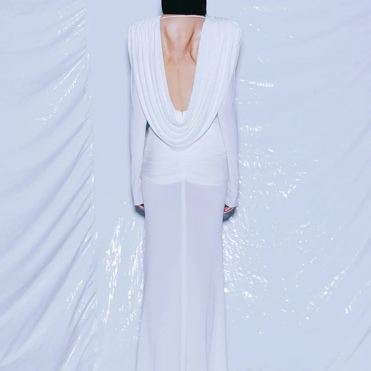 White Swinging Collar Long Dress For Women Ruched High Waist Long Sleeves Slim Elegant Evening Party Gowns