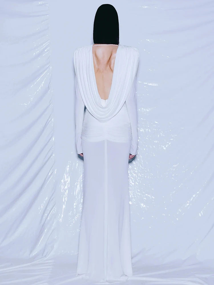 White Swinging Collar Long Dress For Women Ruched High Waist Long Sleeves Slim Elegant Evening Party Gowns