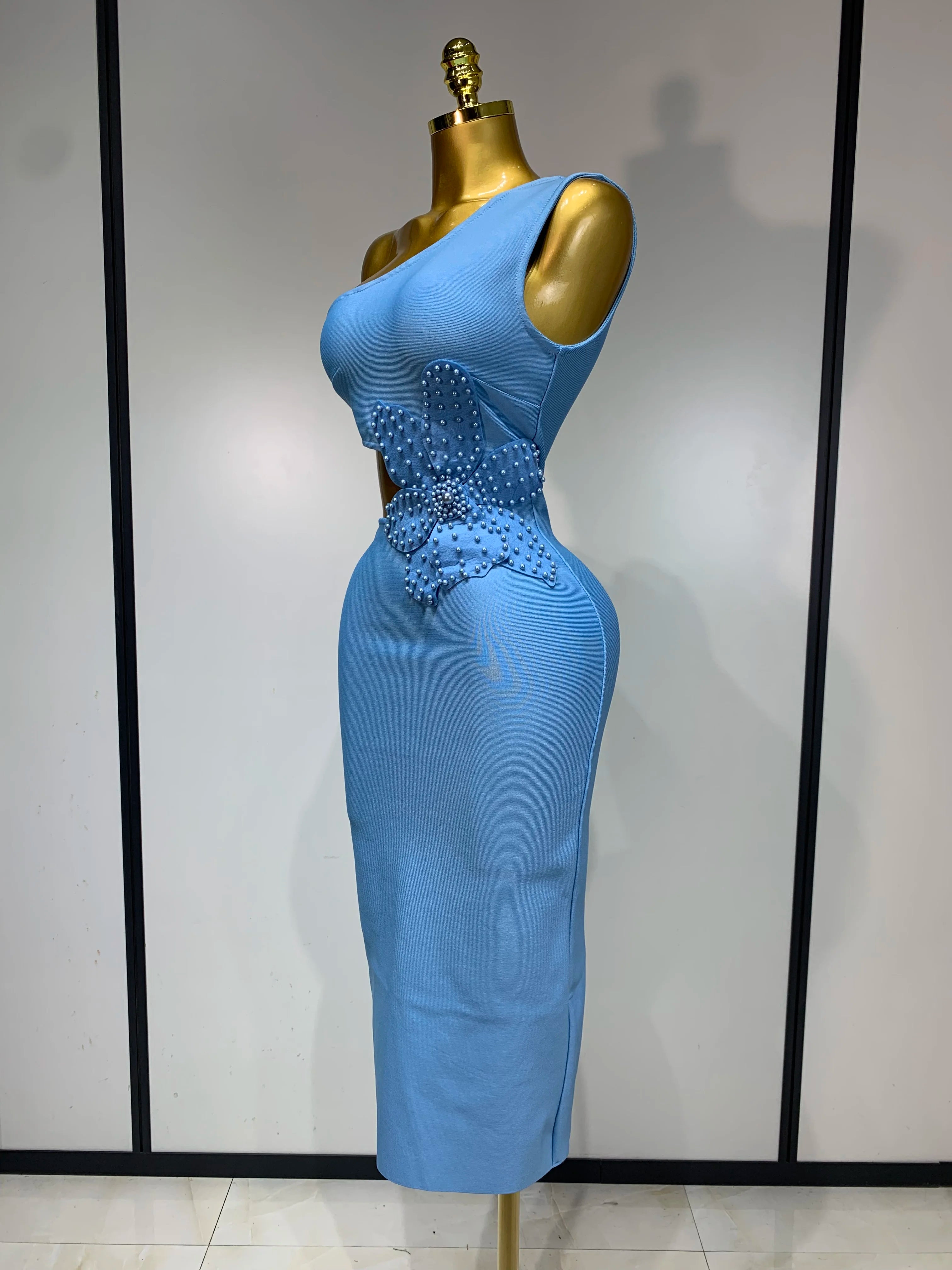 Women Sexy Luxury Birthday One Shoulder Pearl Sky Blue Bodycon Bandage Dress 2025 Celebrity Elegant Evening Club Party Outfit