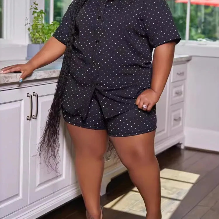 Plus Size Summer Polka Dot Print 2 Two Piece Set Women Casual Fashion Ladies Blouses High Waist Loose Woman Shorts
