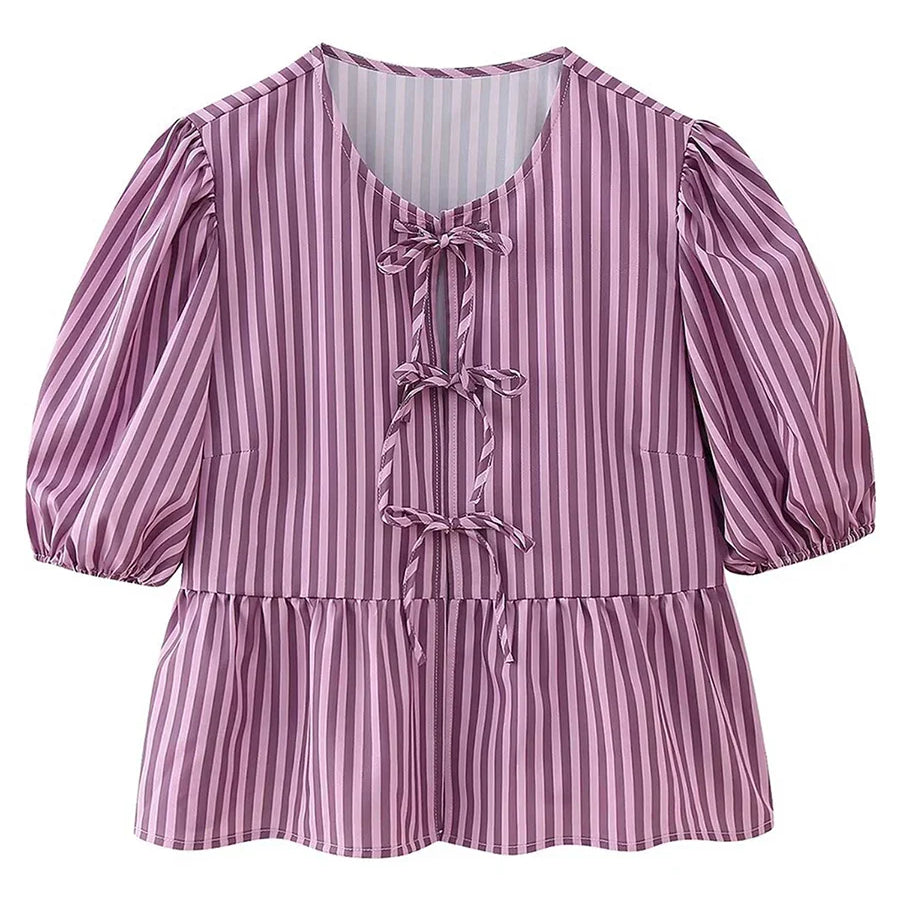 wsevypo Chic Summer Babydoll Shirts Solid/Stripe Short Women's Puff Sleeve Round Neck Tie-Up Front Peplum Blouses Top for Street K