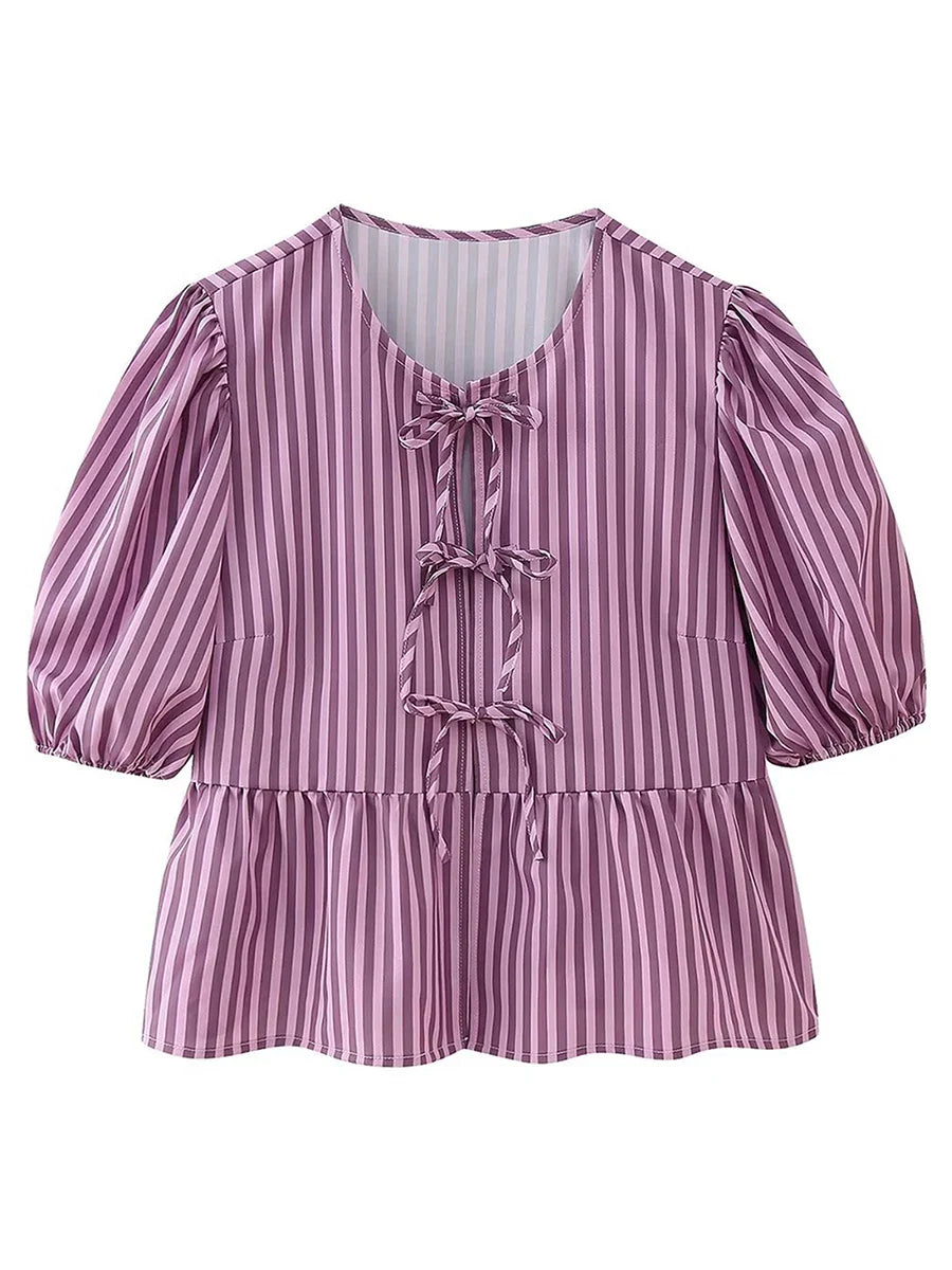 wsevypo Chic Summer Babydoll Shirts Solid/Stripe Short Women's Puff Sleeve Round Neck Tie-Up Front Peplum Blouses Top for Street K