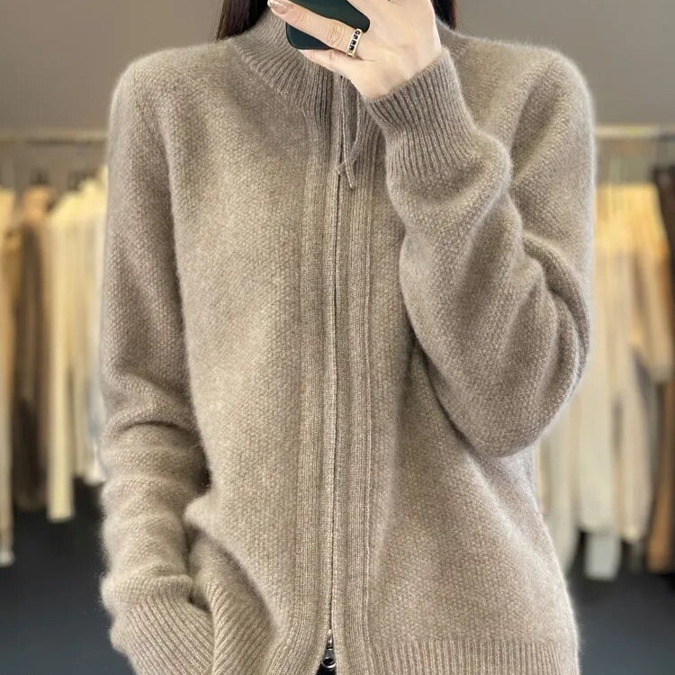 Women's Wool Knitting Sweater Clothing Autumn/Winter Casual Loose Top Fashion Korean Cashmere Large Zipper Jacket Camel
