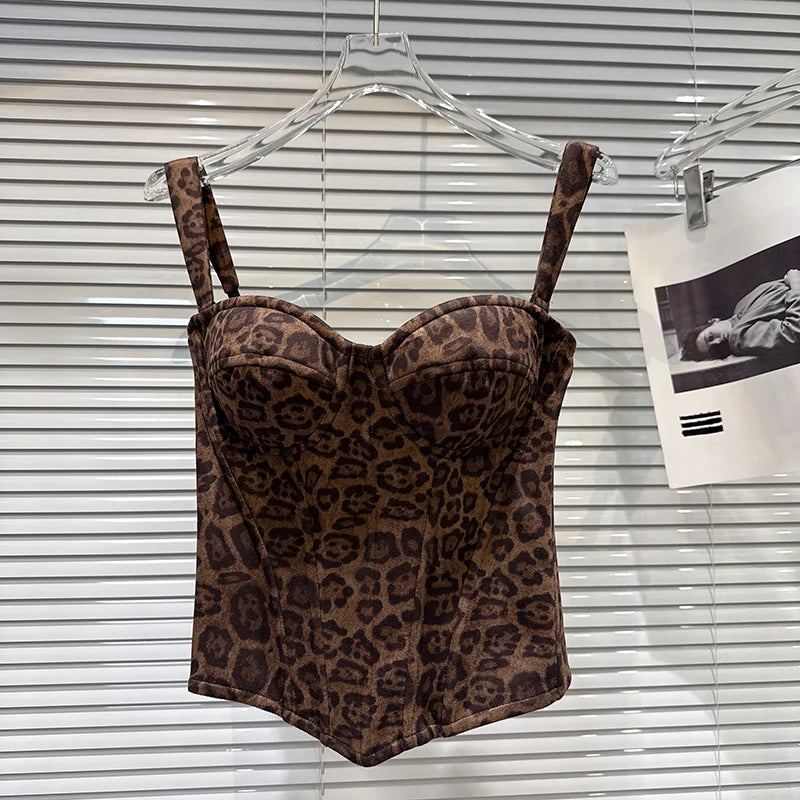 Winter New Fashion Suede Leopard Print Fishbone Waist Cinching Chest Pad Camisole For Women Tank Tops Female 11A07581 Leopard