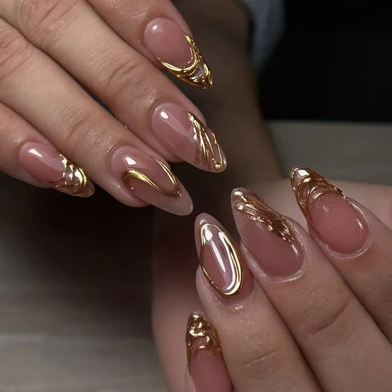 24Pcs Nude Pink Almond Fake Nails with Golden Lines Design Long Round Head Press on False Nails Wearable Full Cover Nail Tips 1998