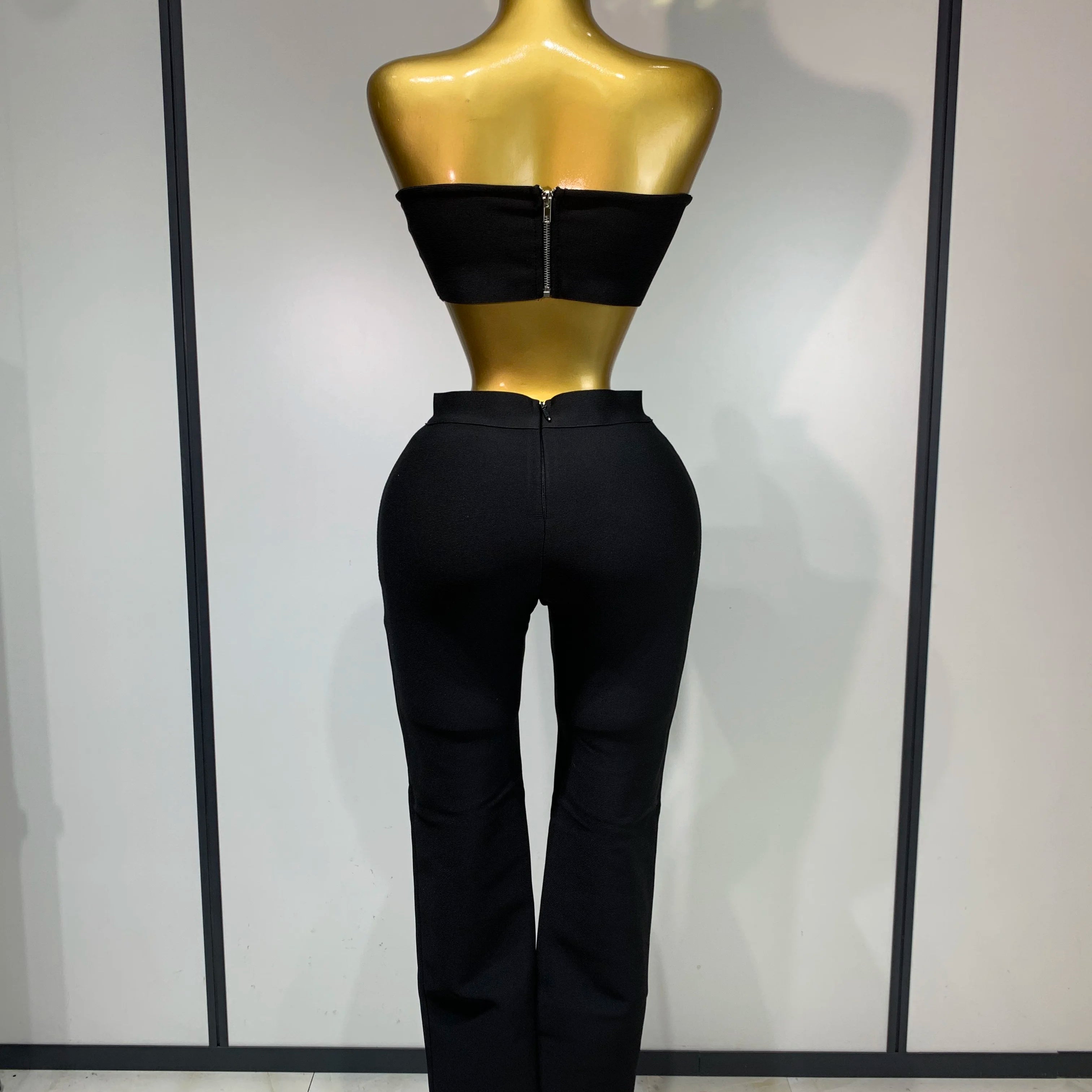 Women Celebrity Sexy Long Sleeve Beading Black Bodycon Bandage Three Piece Set Elegant Evening Club Party Birthday Outfits