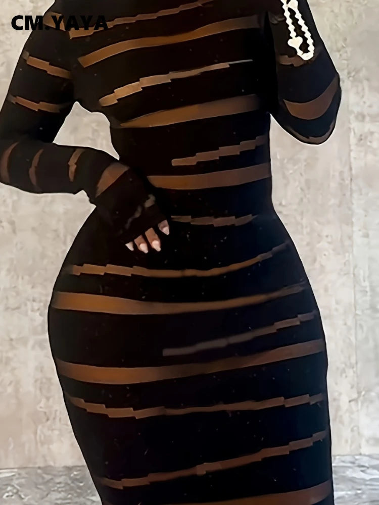 Plus Size Women Clothing Dress Long Sleeve Striped Print O-neck High Waist Spring Night Club Streetwear Mini Dresses