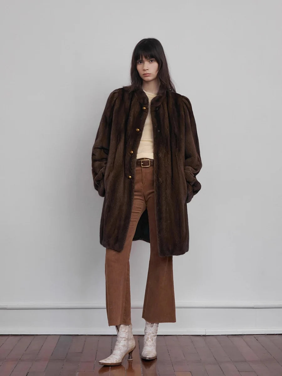 Lautaro Winter Luxury Elegant Thick Warm Fluffy Soft Brown Faux Mink Fur Coat Women Mid-Century Modern Vintage Furry Overcoat