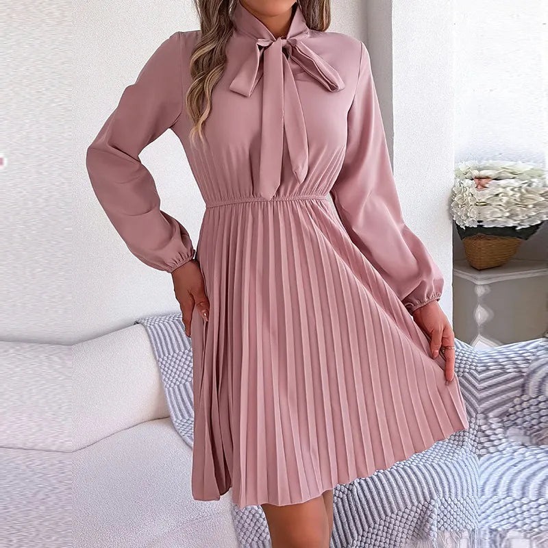 Women's 2024 New Autumn Winter Temperament Lace Up Solid Color High Waist Long Sleeve Pleated Dress