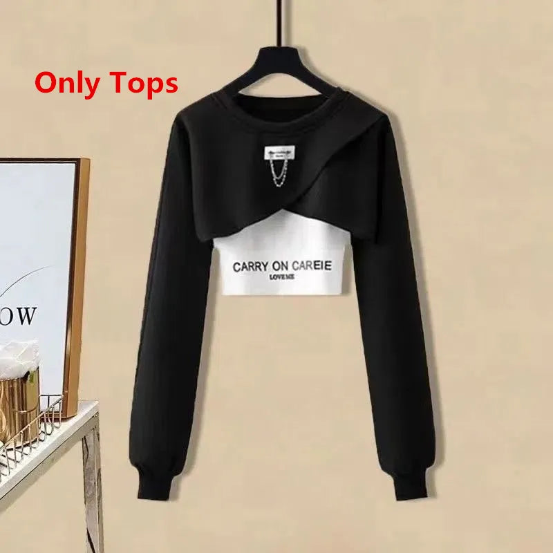 Women's Causal Clothing Korean Fashion Short Sweatshirt Vest Wide Leg Pants 3 Piece Set 2024 Spring Autumn Sports Outfits Female Only Black Tops