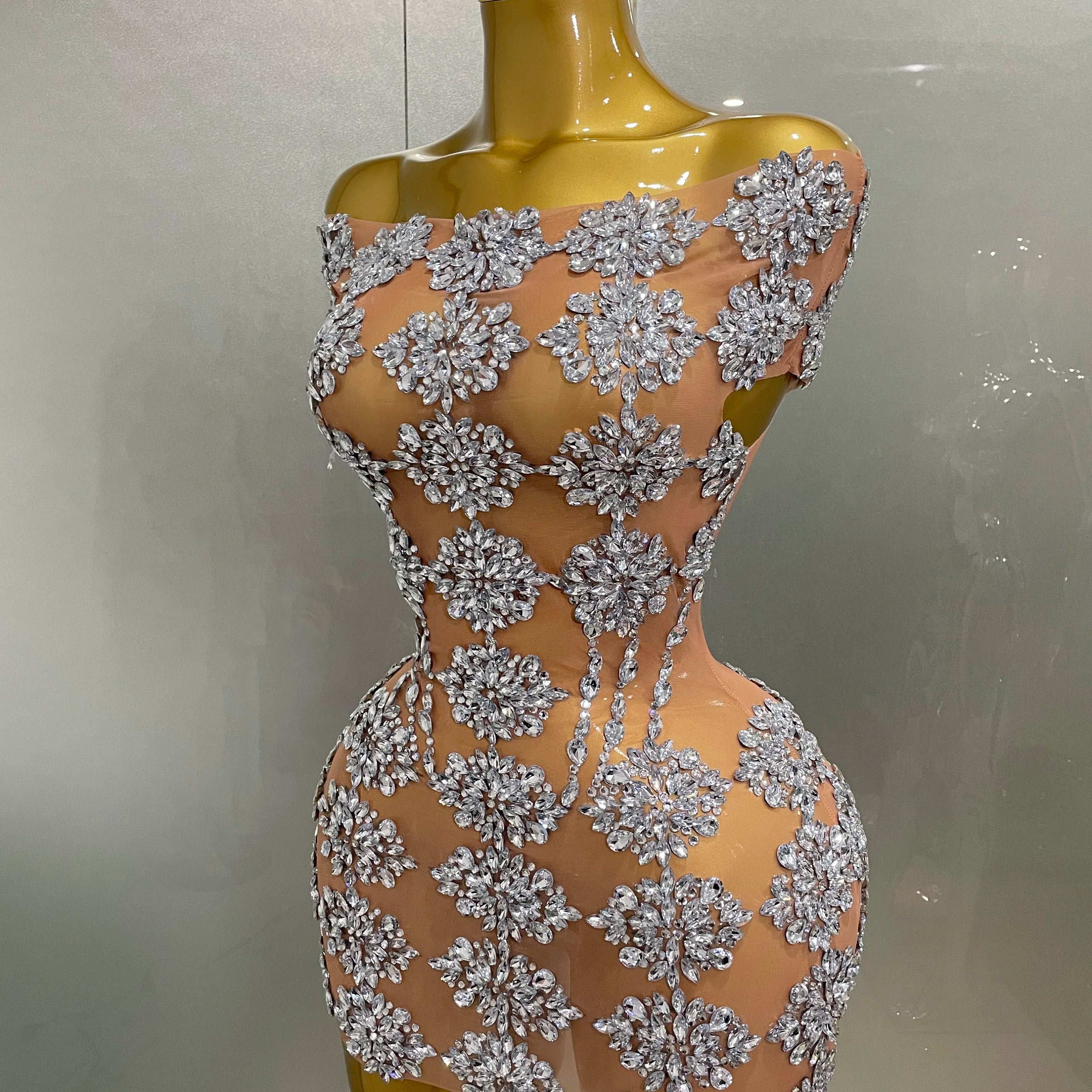 Luxury Sparkly Rhinestone Mesh Mini Dress 2025Women Sexy Nightclub Party Dance Performance Costume Singer Dancer Show Stage Wear