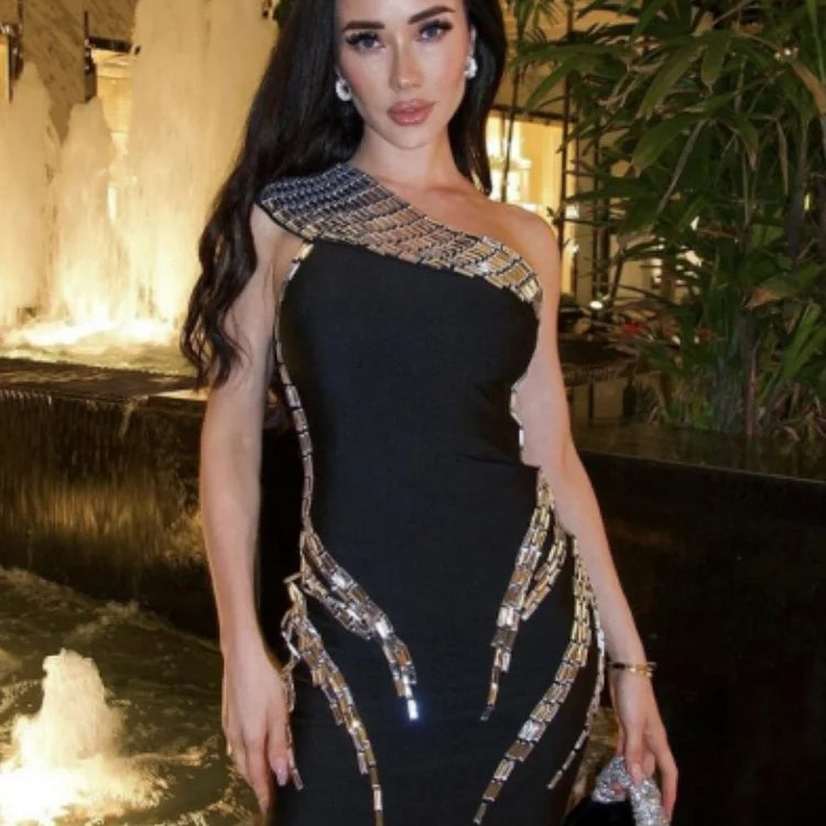 Women Sexy One Shoulder Sparkly Crystal Bodycon Mini Bandage Dress Fashion Celebrate Nightclub Party Outfit black