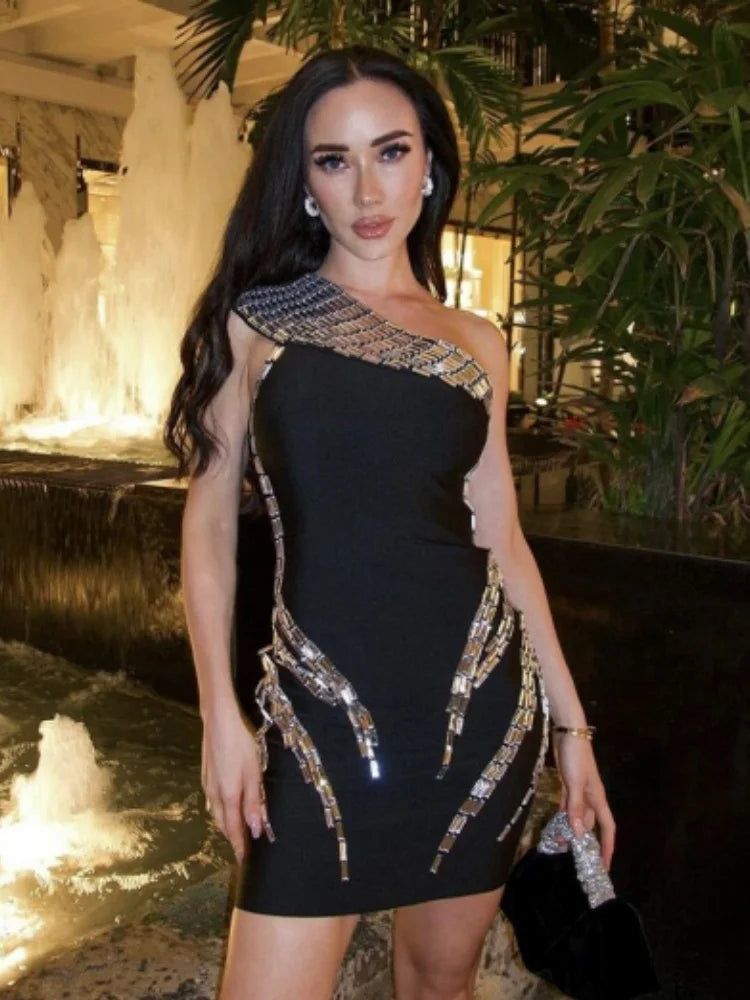 Women Sexy One Shoulder Sparkly Crystal Bodycon Mini Bandage Dress Fashion Celebrate Nightclub Party Outfit black