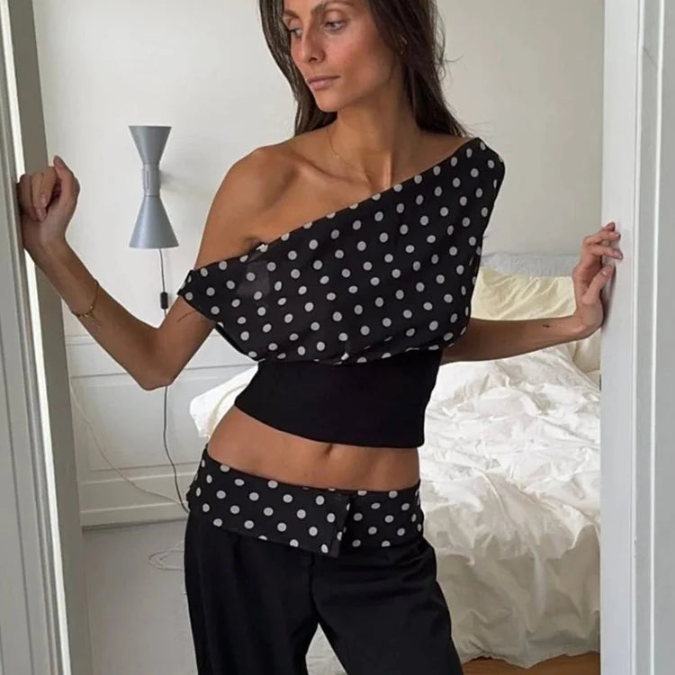 Mozision Backless Polka Dot Crop Tops Women Vest Fashion Summer New Oblique Shoulder Sleeveless Tank Tops Pullovers Female black