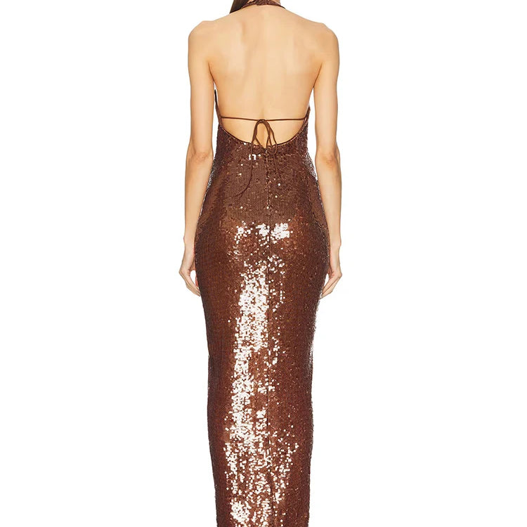 Gorgeous Sexy Brown Sequin Halter Backless Sleeveless V-Neck Dress Party Summer Evening Gown