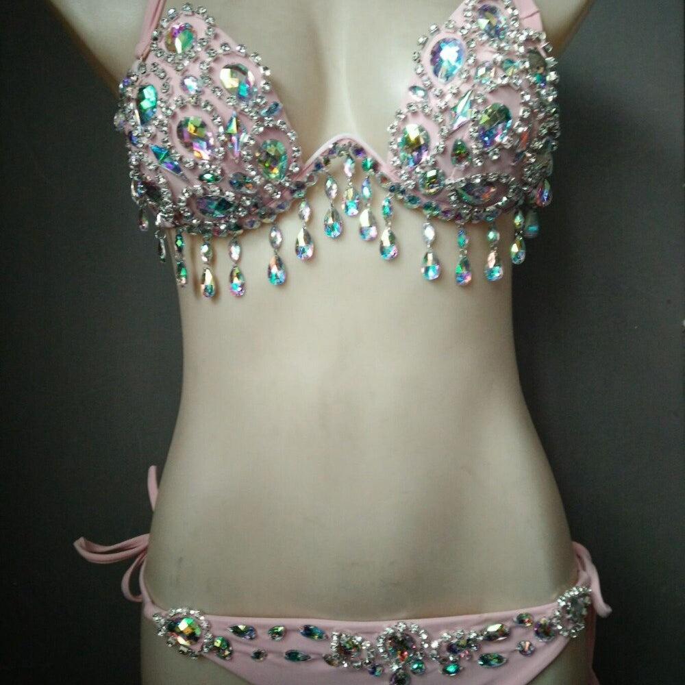 Sexy Women's Gathered Swimsuit Push Up Rhinestone Triangle Bikini Luxury Crystal Diamond Girls Swimwear