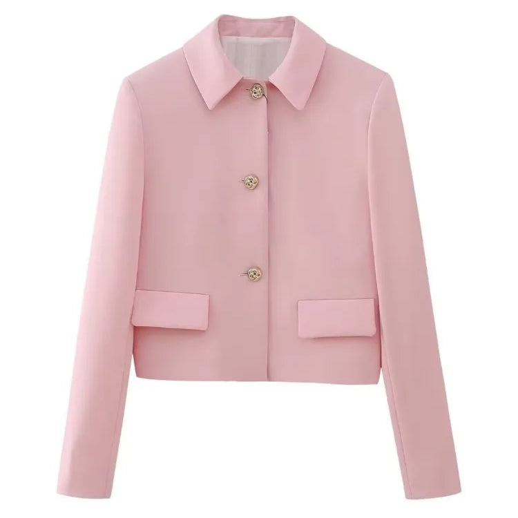 TRAF Spring Elegant Women Pink Y2K Short Blazer Metal Flower Button Long Sleeve Female Suit Jacket Turn Down Collar Tops Only Top 01