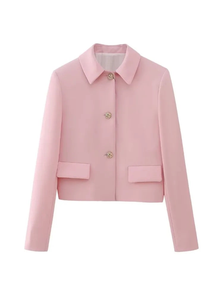 TRAF Spring Elegant Women Pink Y2K Short Blazer Metal Flower Button Long Sleeve Female Suit Jacket Turn Down Collar Tops Only Top 01