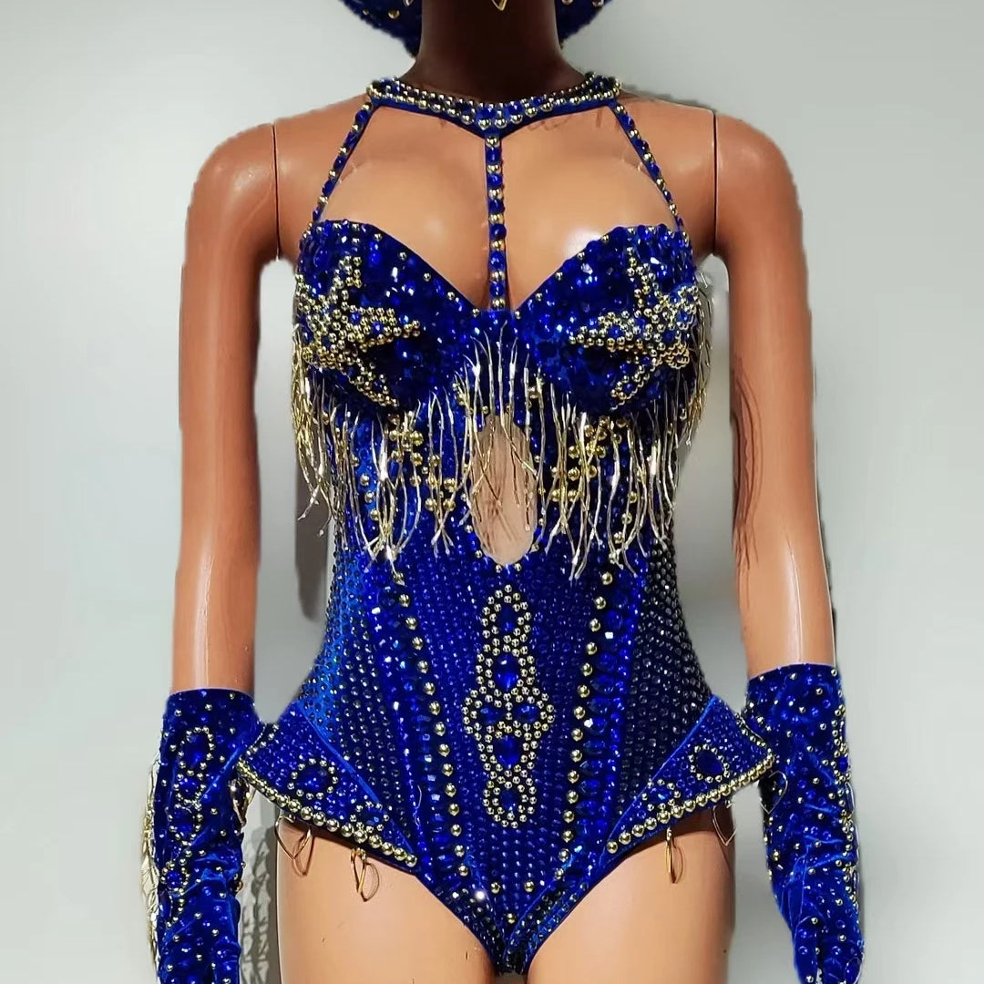 Luxury Women Crystals Tassel Bodysuit Set Cowboy Night Party Jumpsuit Stage Show Outfit Festival Celebrate Sexy Wear Hongding